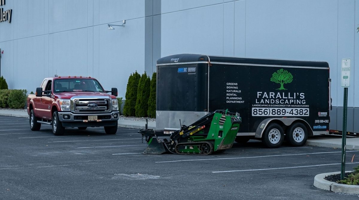 Faralli&rsquo;s Landscaping branded trailer and work truck on a job site